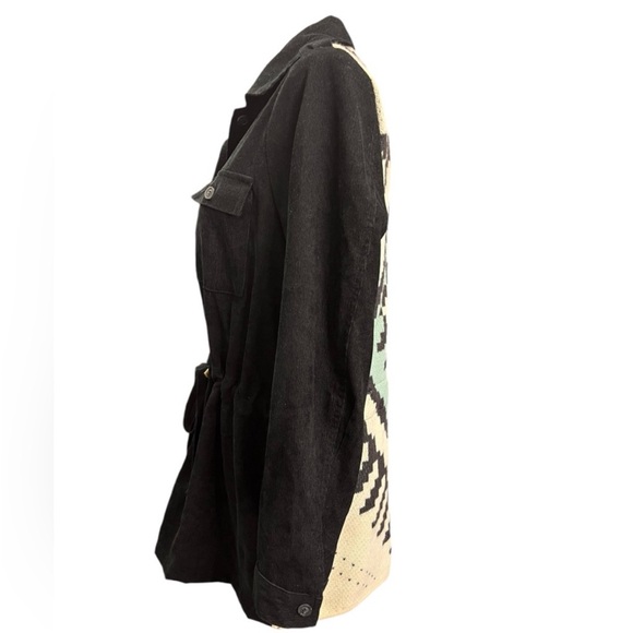DAVI & DANI Dual Fabric Button Up Jacket W/Drawstring Waist Aztec Print on Back - Picture 5 of 12